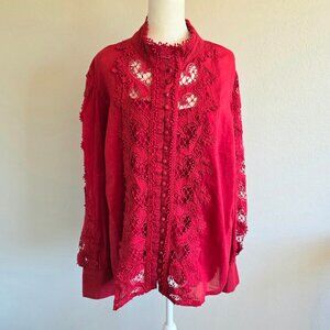Boston Proper Red Lace Button Blouse Top Long Balloon Sleeves w/ Cami Size XL
